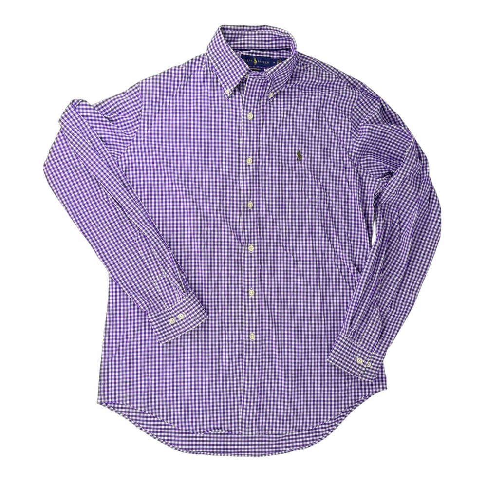 Polo Ralph Lauren Performance Mens M Gingham Shirt Purple White Long Sleeve Golf